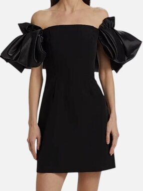 As It May Womens Black Satin Crepe Off-The-Shoulder Flare-Sleeve Minidress Sz 14